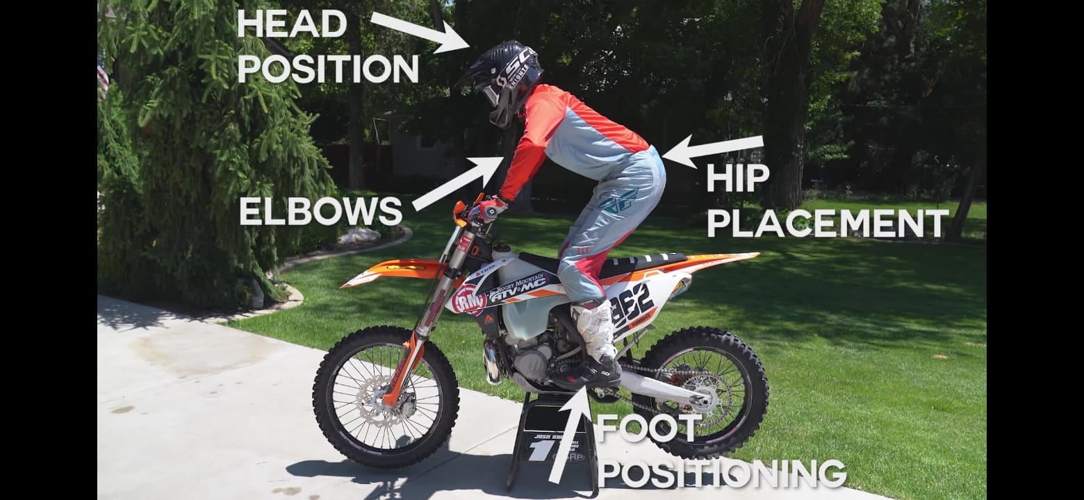 Sitting and standing positions for dirt bikers